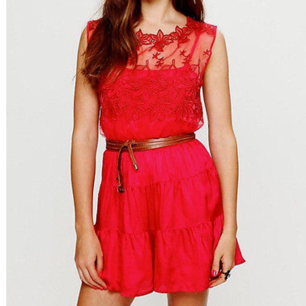 Free People Red Romper with Floral Overlay